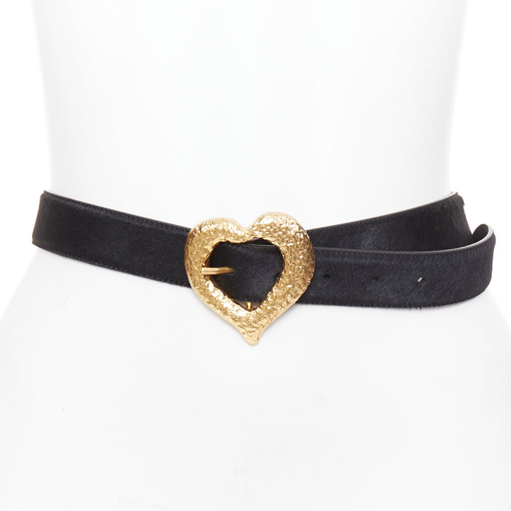 SAINT LAURENT gold tone hammered heart buckle black calf hair belt 80cm