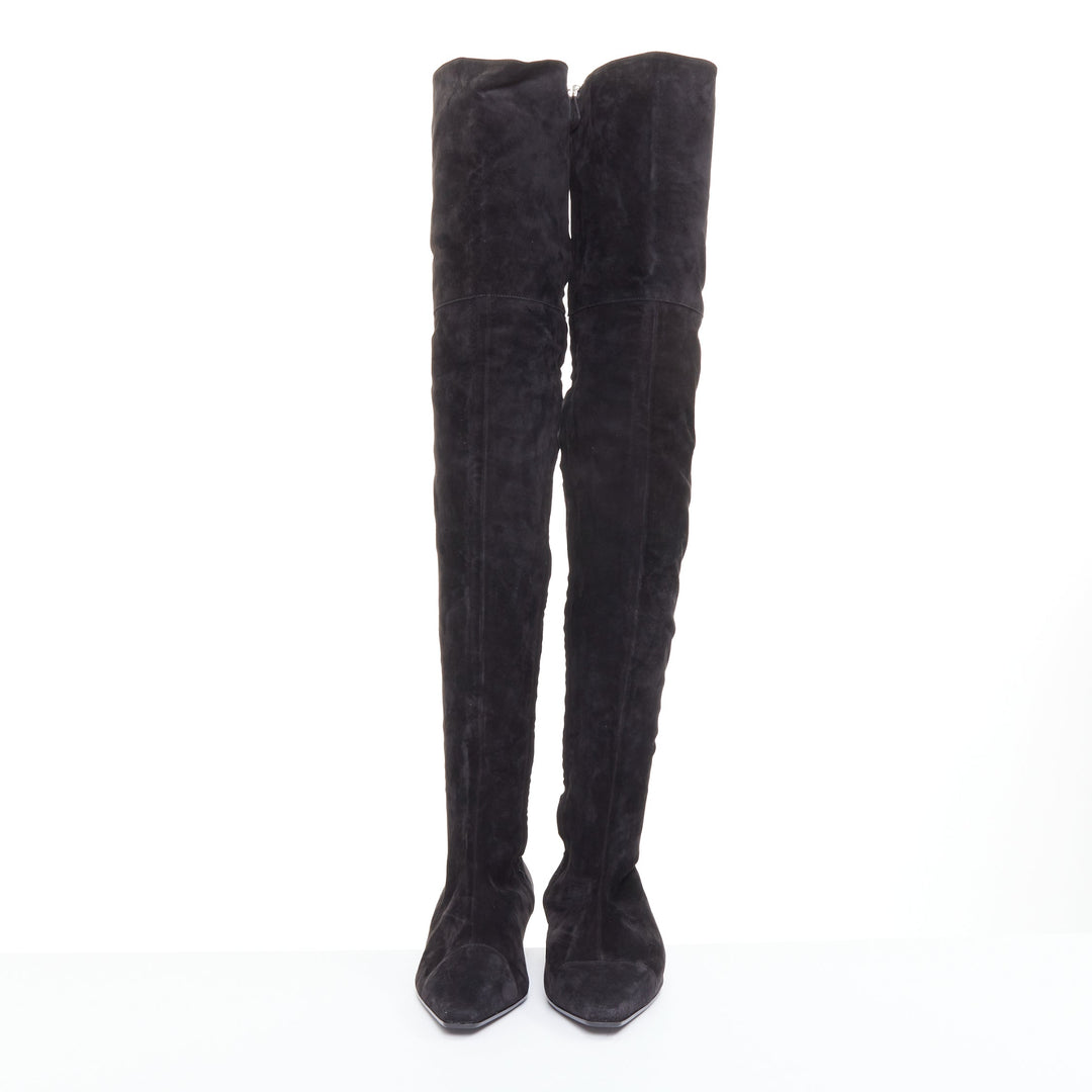 CHANEL 2018 Runway Forest Fairies black suede pointed square toe knee boots EU38
