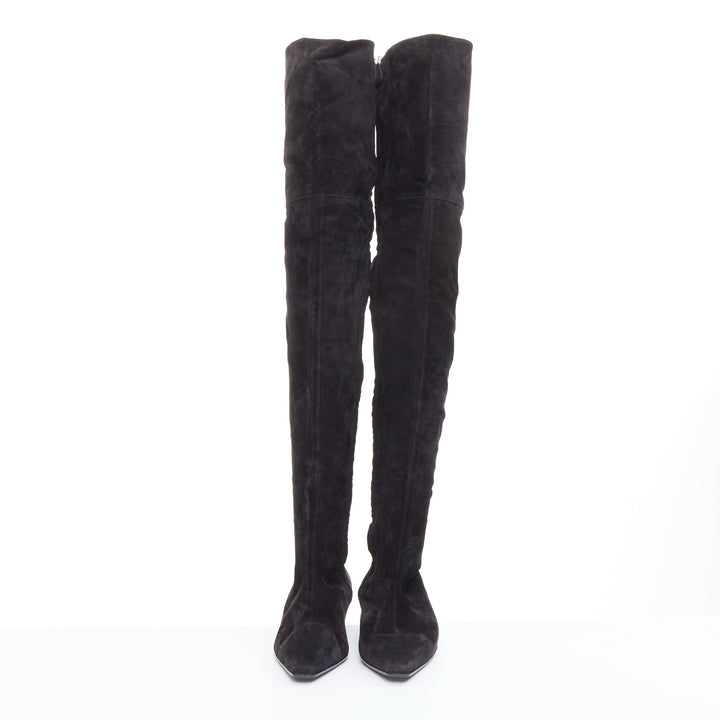 CHANEL 2018 Runway Forest Fairies black suede pointed square toe knee boots EU38
