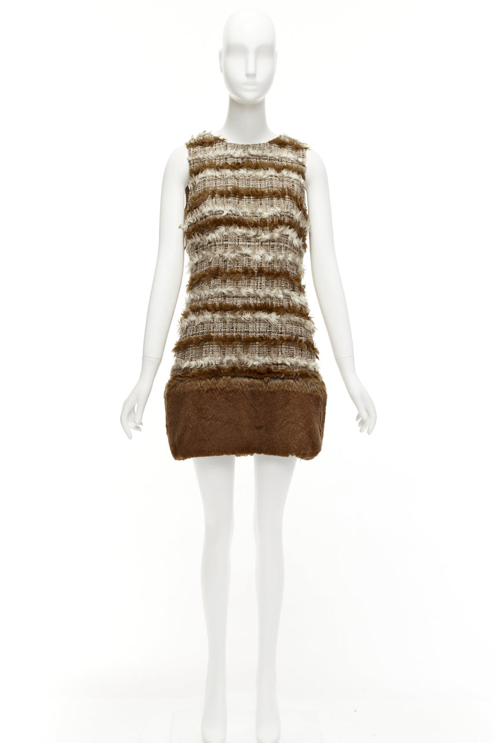 rare CHANEL 2010 brown Fantasy Tweed fluffy faux fur trim shift dress FR38 M