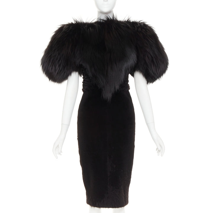 rare ALEXANDRE VAUTHIER COUTURE 2015 Runway black mixed fur puff sleeve dress