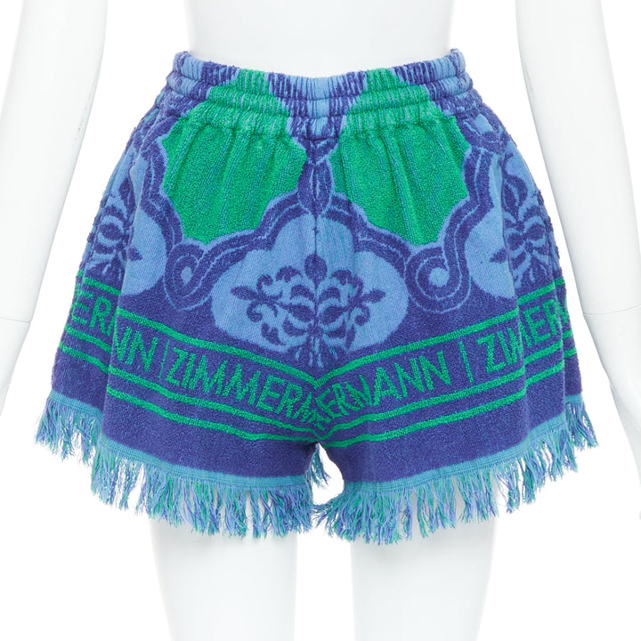 ZIMMERMANN Tiggy blue green terry cloth logo fringe shorts US0 XS