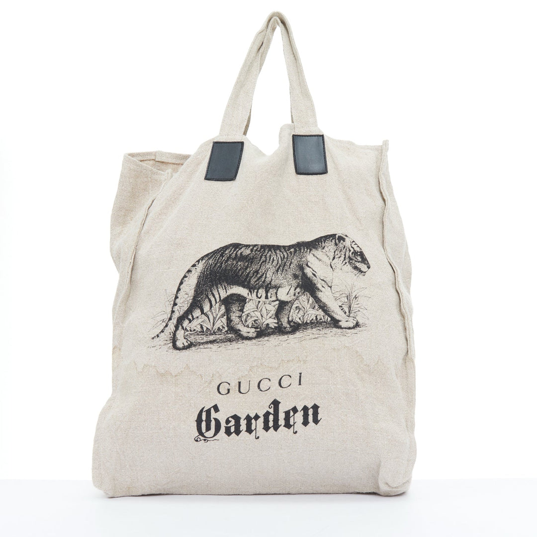 GUCCI Garden black tiger print beige linen canvas leather trim large tote bag