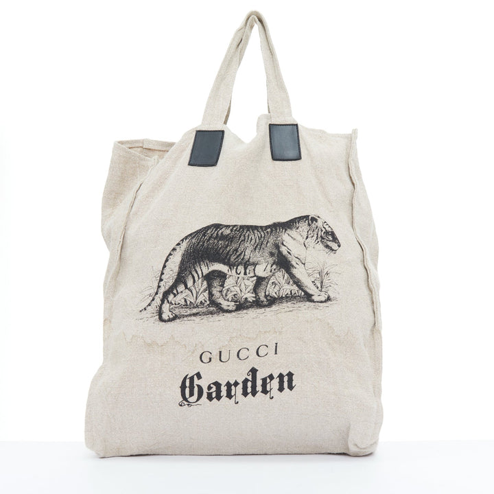 GUCCI Garden black tiger print beige linen canvas leather trim large tote bag