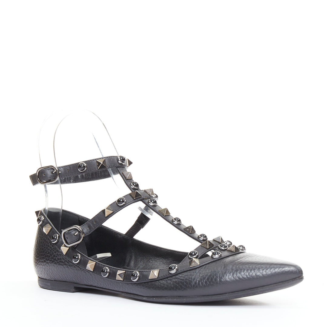 VALENTINO Rockstud black calf mixed stone stud caged ballet flats EU37.5