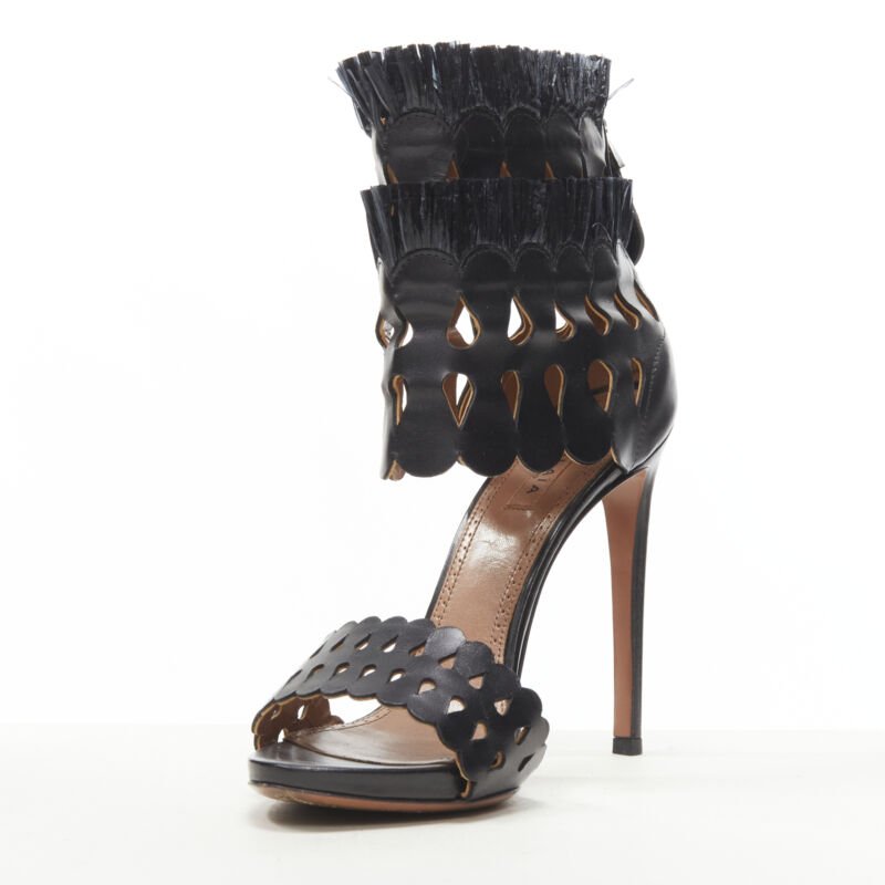 ALAIA black squiggle cut out raffia fringe platform high heel sandals EU38