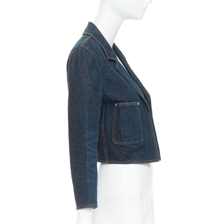 CHANEL 1996 Vintage washed indigo denim logo patch pocket cropped denim jacket