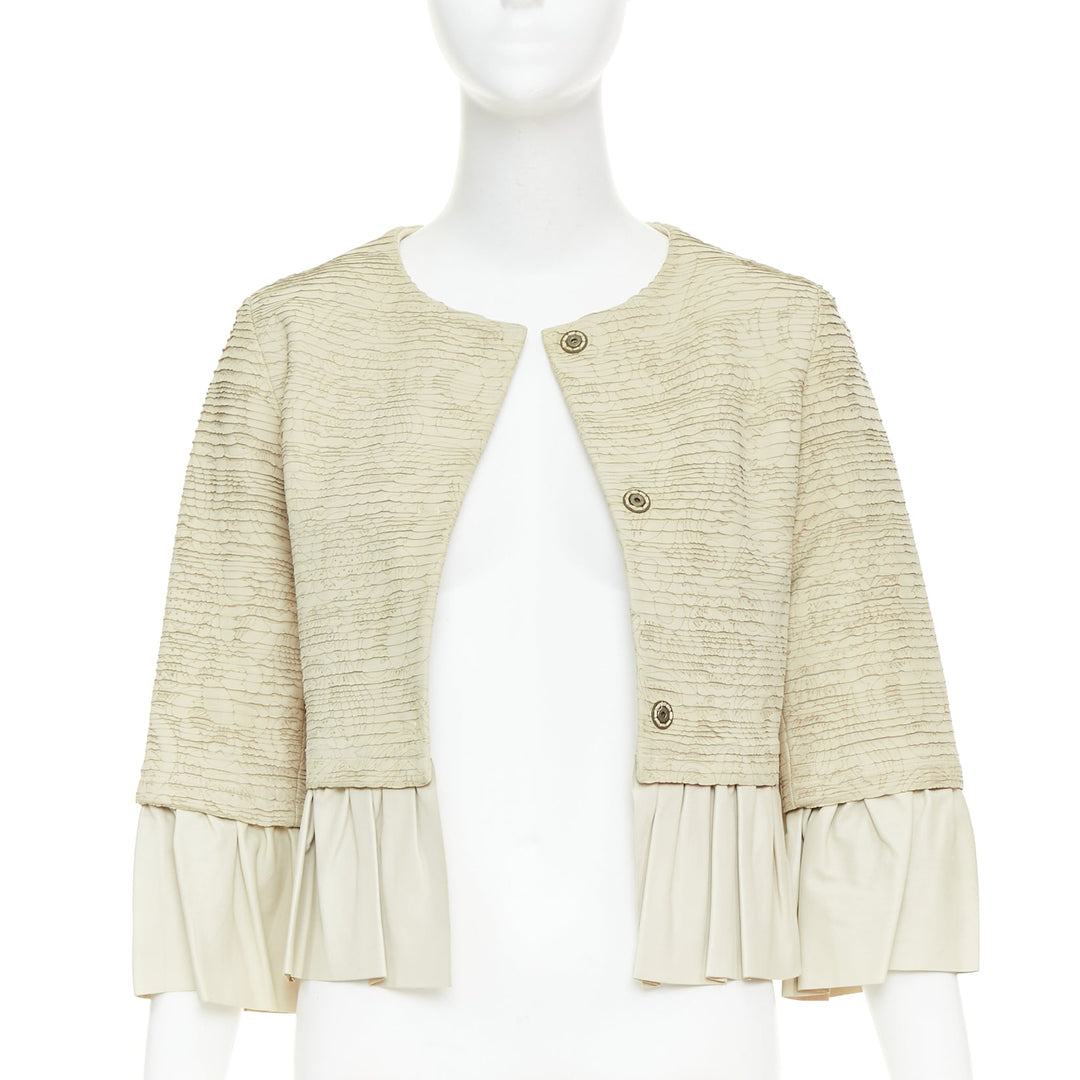 VALENTINO beige lambskin leather floral tiered laser cut ruffle jacket IT40 S