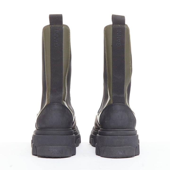 GANNI Kalamata army green leather black rubber elastic gusset chelsea boots EU39