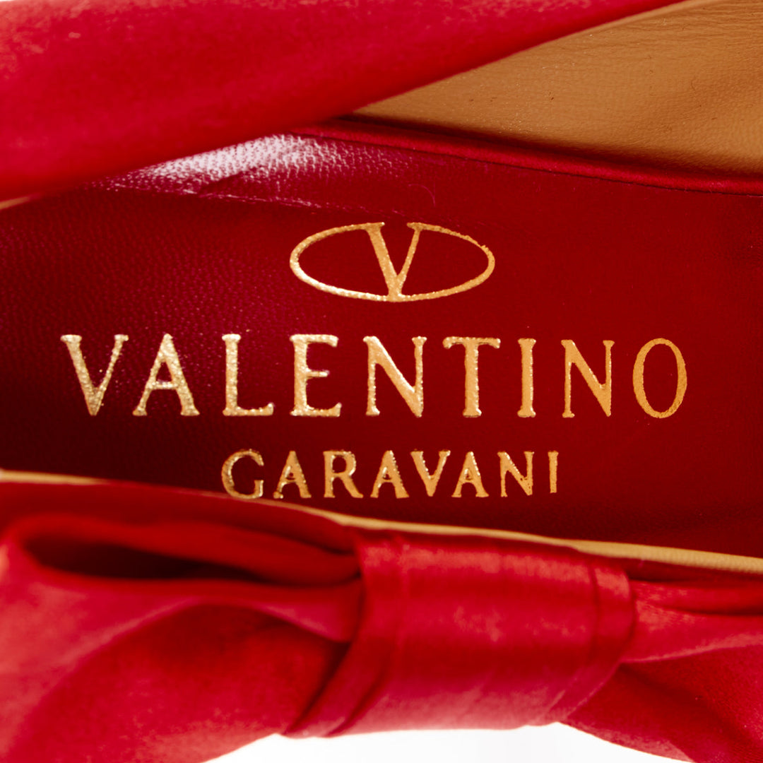 VALENTINO red pleated satin ribbon bow peep toe stiletto pumps EU37