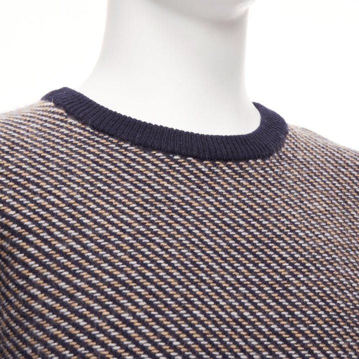 A.P.C. navy beige diagonal weave crew neck long sleeve ringer sweater M
