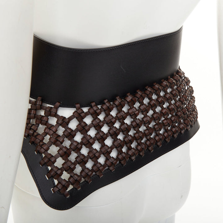 LOEWE JW Anderson black brown woven leather wide peplum Obi corset waist belt