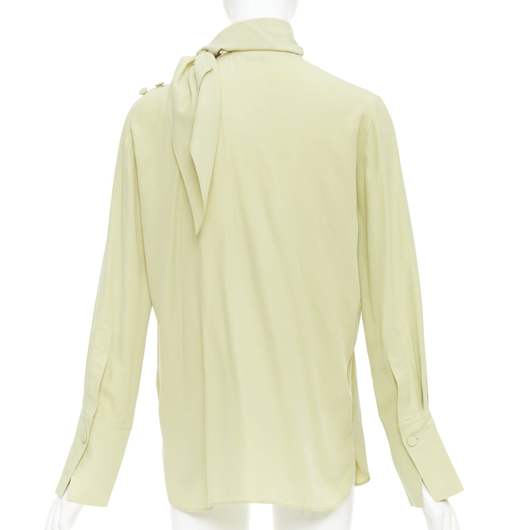 JOSEPH Geoff pea green silk toile tie neck buttons long sleeve blouse FR36 S