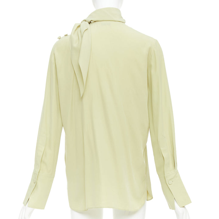 JOSEPH Geoff pea green silk toile tie neck buttons long sleeve blouse FR36 S