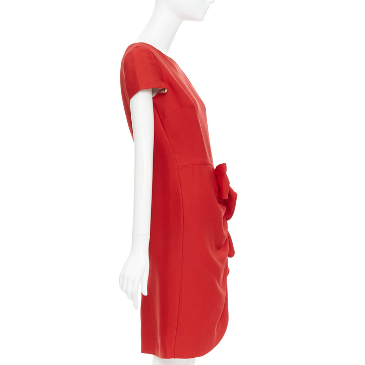 VALENTINO red silk ribbon bow ruffle drape cap sleeves dress US6 M