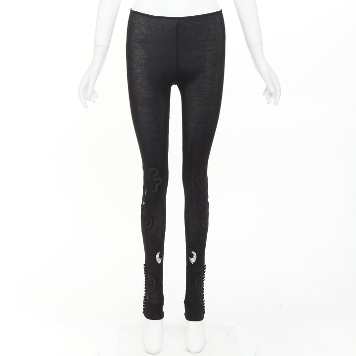 CHLOE 100% silk black lace embroidery cutout applique ribbed leggings XS