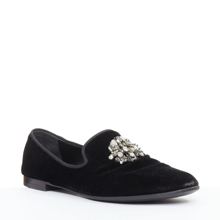 GIUSEPPE ZANOTT RemyeI black velvet crystal brooch le smoking loafers EU43