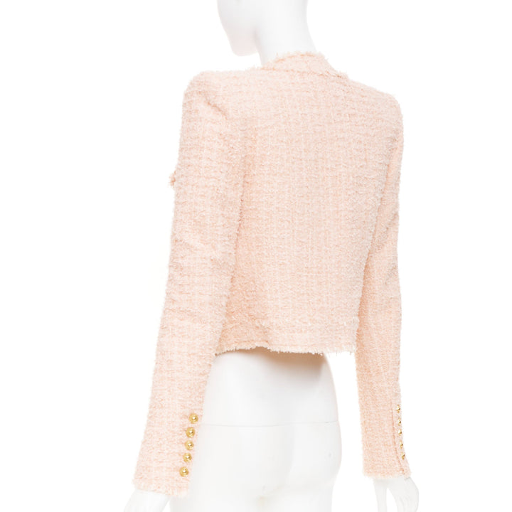 BALMAIN 2023 Pink Collarless Frayed Hem Four Pocket Cropped Tweed jacket FR34 XS
