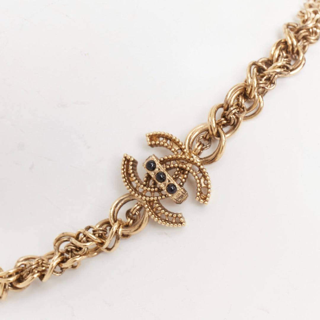 CHANEL 11A aged gold  braided multi link black crystal CC short necklace