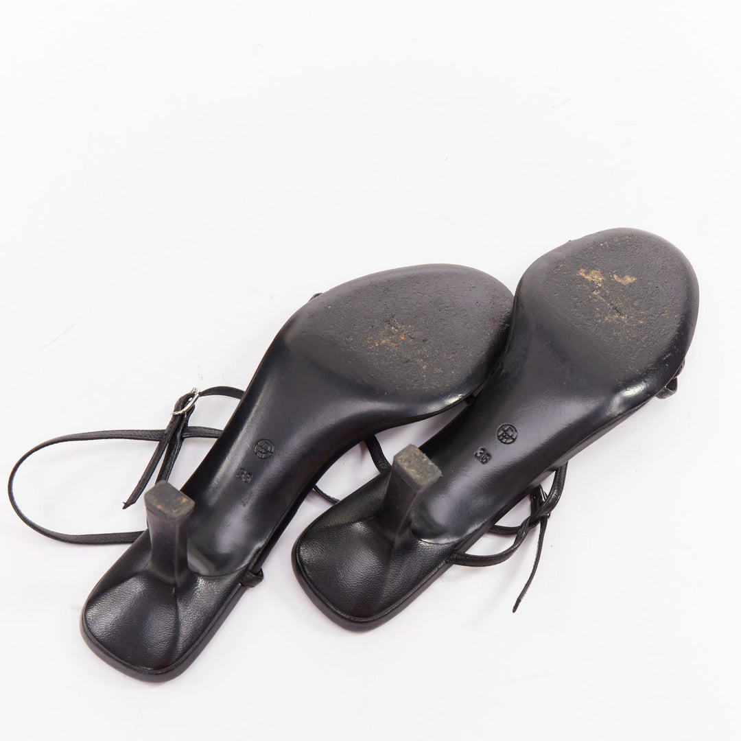 THE ROW Bare black minimalist slim straps silver buckles spool heel sandals EU36