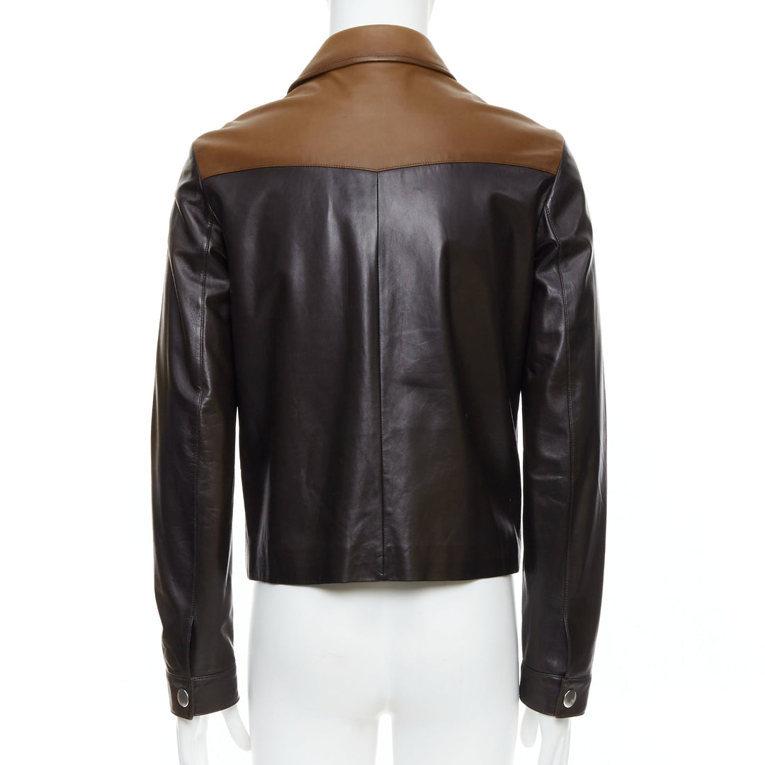 PRADA 2014 Runway brown tan bicolor lambskin pocket cropped jacket IT48 M