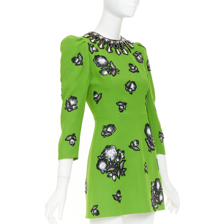 ANDREW GN apple green black silver sequinned badges bejewelled dress FR34 XS