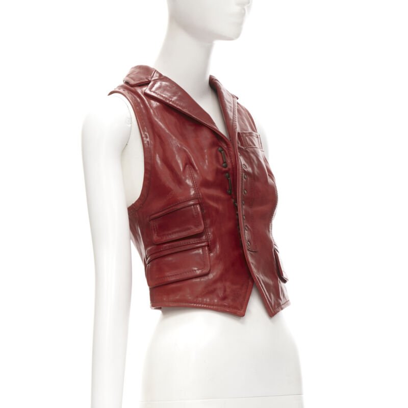 DSQUARED2 Y2K distressed red leather hook bar cropped vest S