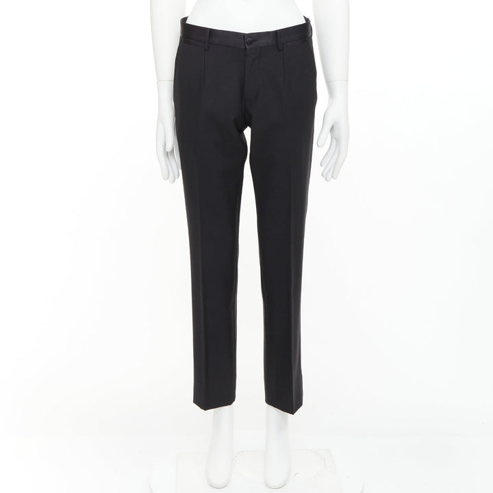 DOLCE GABBANA black wooly satin waist trim taperd mid waist pants IT44 XS