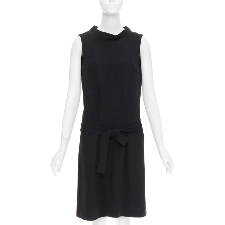 BALENCIAGA 2005 black wool blend drop waist panelled belted dress FR40 S