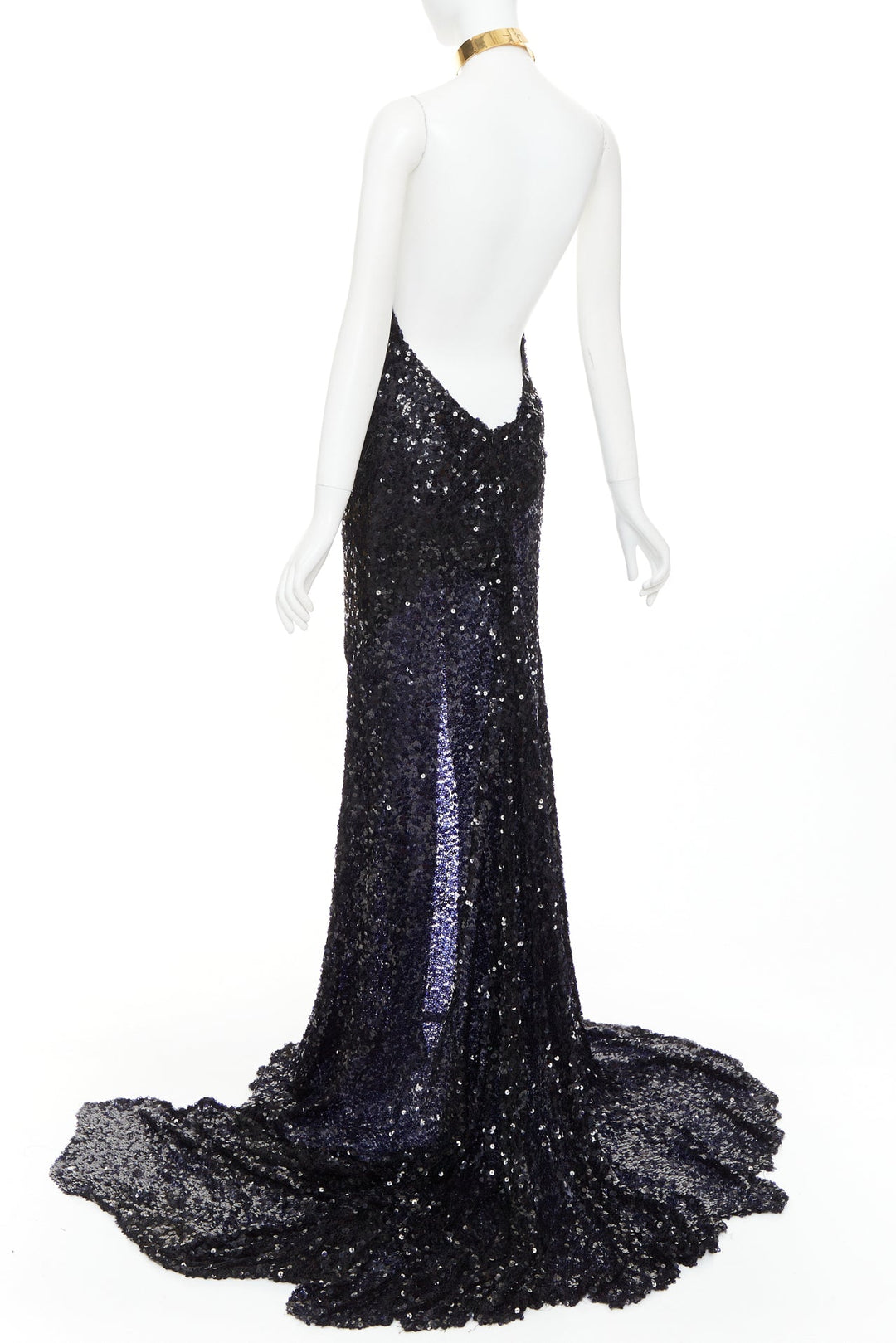 rare ALEXANDRE VAUTHIER navy sequinned gold crystal pave collar high slit gown