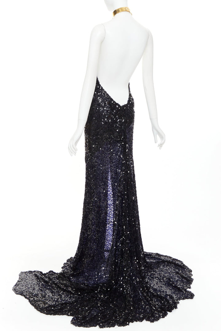 rare ALEXANDRE VAUTHIER navy sequinned gold crystal pave collar high slit gown