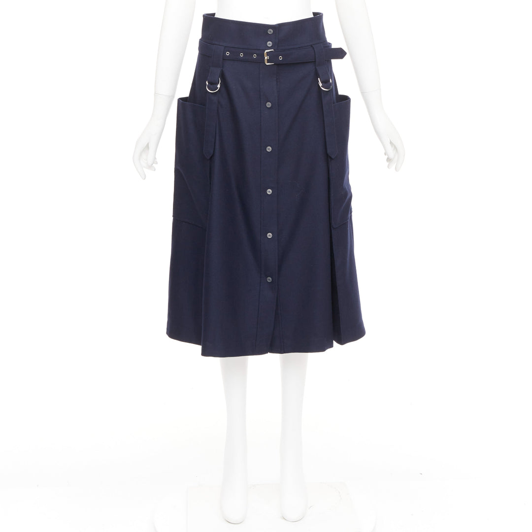 HERMES navy flanelle de laine legere buckle belt button front midi skirt FR36 S