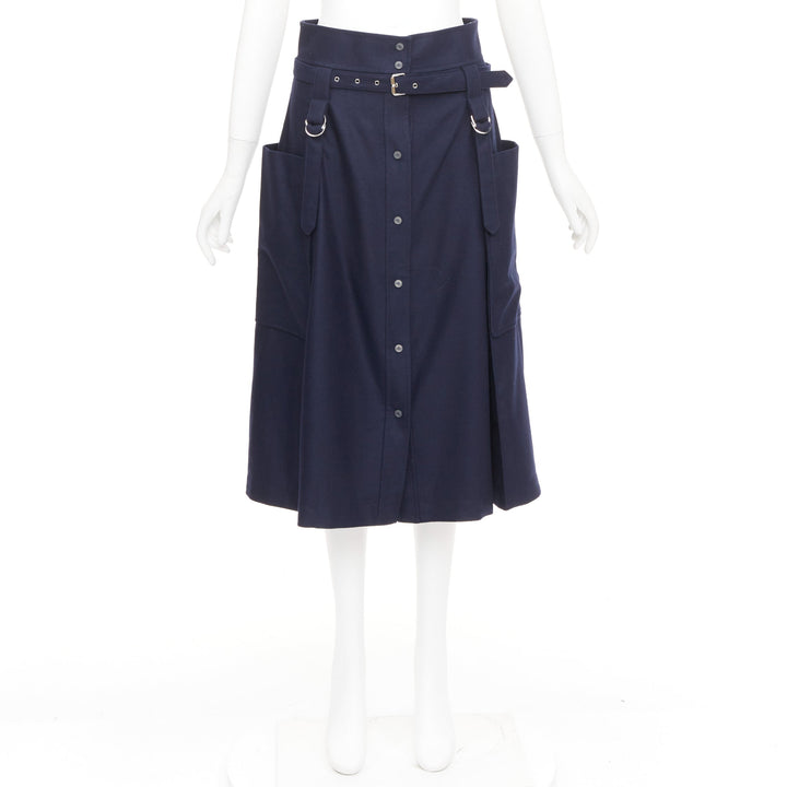 HERMES navy flanelle de laine legere buckle belt button front midi skirt FR36 S