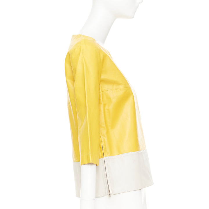 MARNI 2014 yellow off-white lambskin leather colorblock boat neck top IT38 XS
