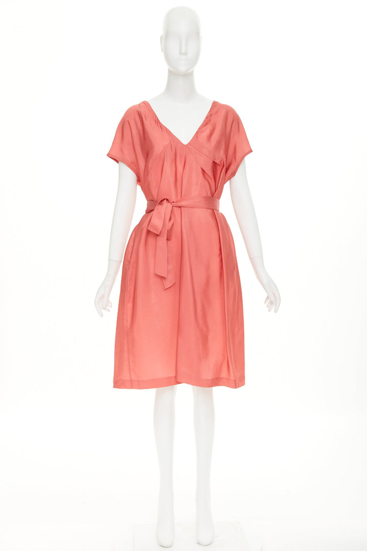 MARNI pink viscose blend draped v neck belted short sleeve mini dress IT44 L