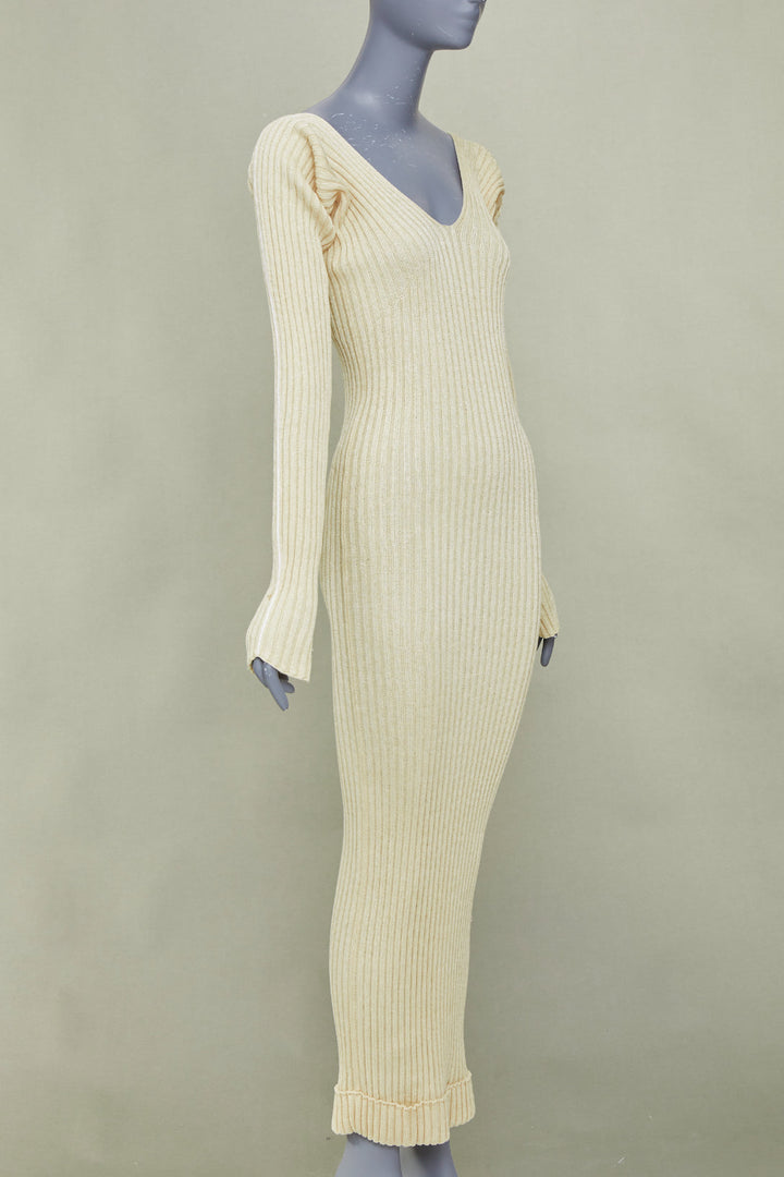 CELINE Phoebe Philo 2015 Runway cream beige ribbed knit off shoulder dress M