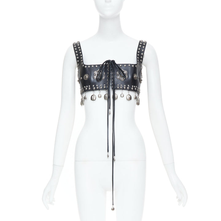 rare ALEXANDER MCQUEEN 2017 Runway studded lace up charm calf leather bra top S