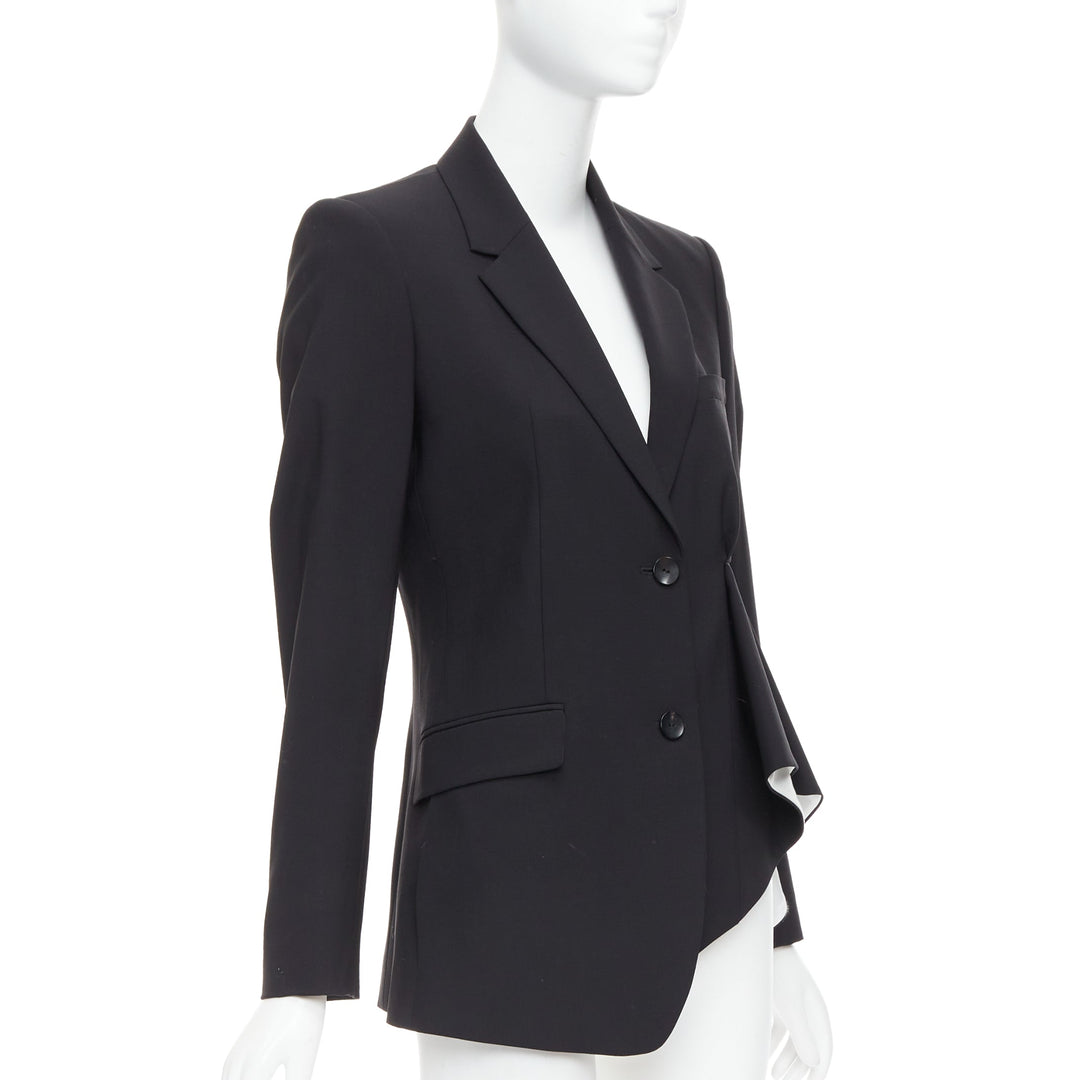 THEORY black virgin wool blend cascade drape pleated side blazer US2 S