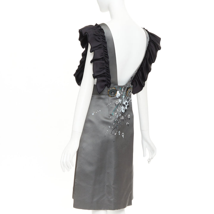 rare MIU MIU 2019 Runway grey black silk ruffle hand painted apron dress IT38 XS