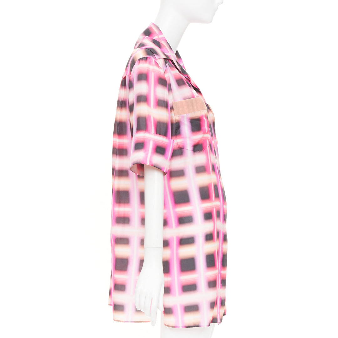 CHANEL 2017 Runway neon pink plaid digital graffiti silk blouse dress FR38 M