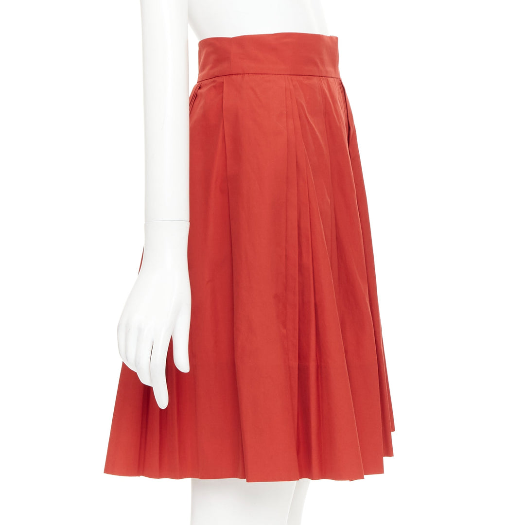 GUCCI 2007 Vintage brick red coton poplin pleated high waist knee skirt IT 38 M