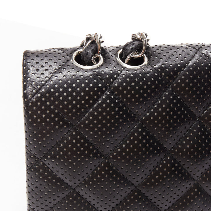 CHANEL Double Flap Medium black perforated quilted lambskin silver CC chain bag
