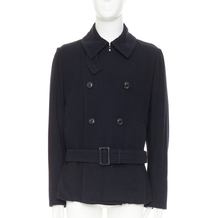 Y'S YOHJI YAMAMOTO black wool double breasted belted short peacoat jacket JP3 L