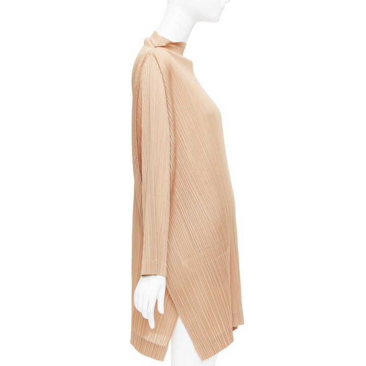 ISSEY MIYAKE Pleats Please brown funnel neck plisse mini dress JP3 L