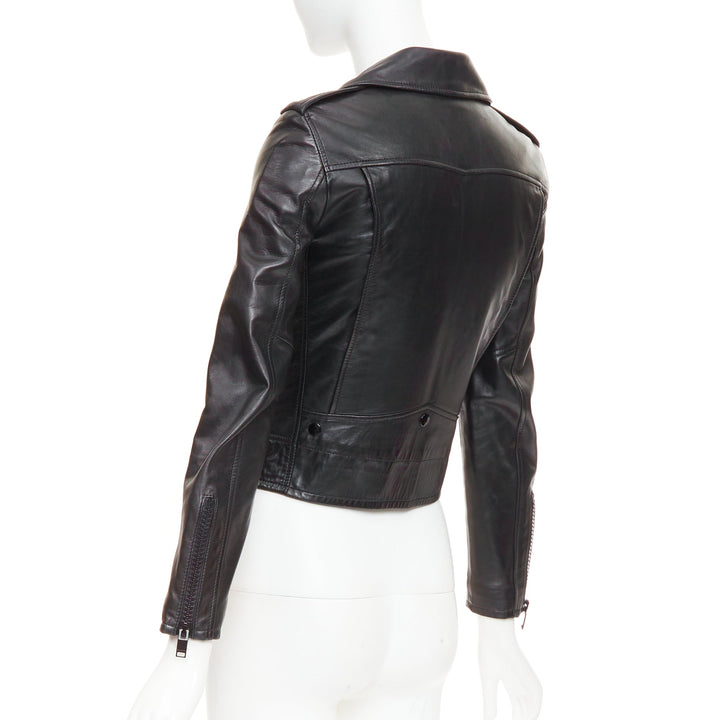 SAINT LAURENT 2015 black lambskin leather crop asymmetric biker jacket FR34 XS