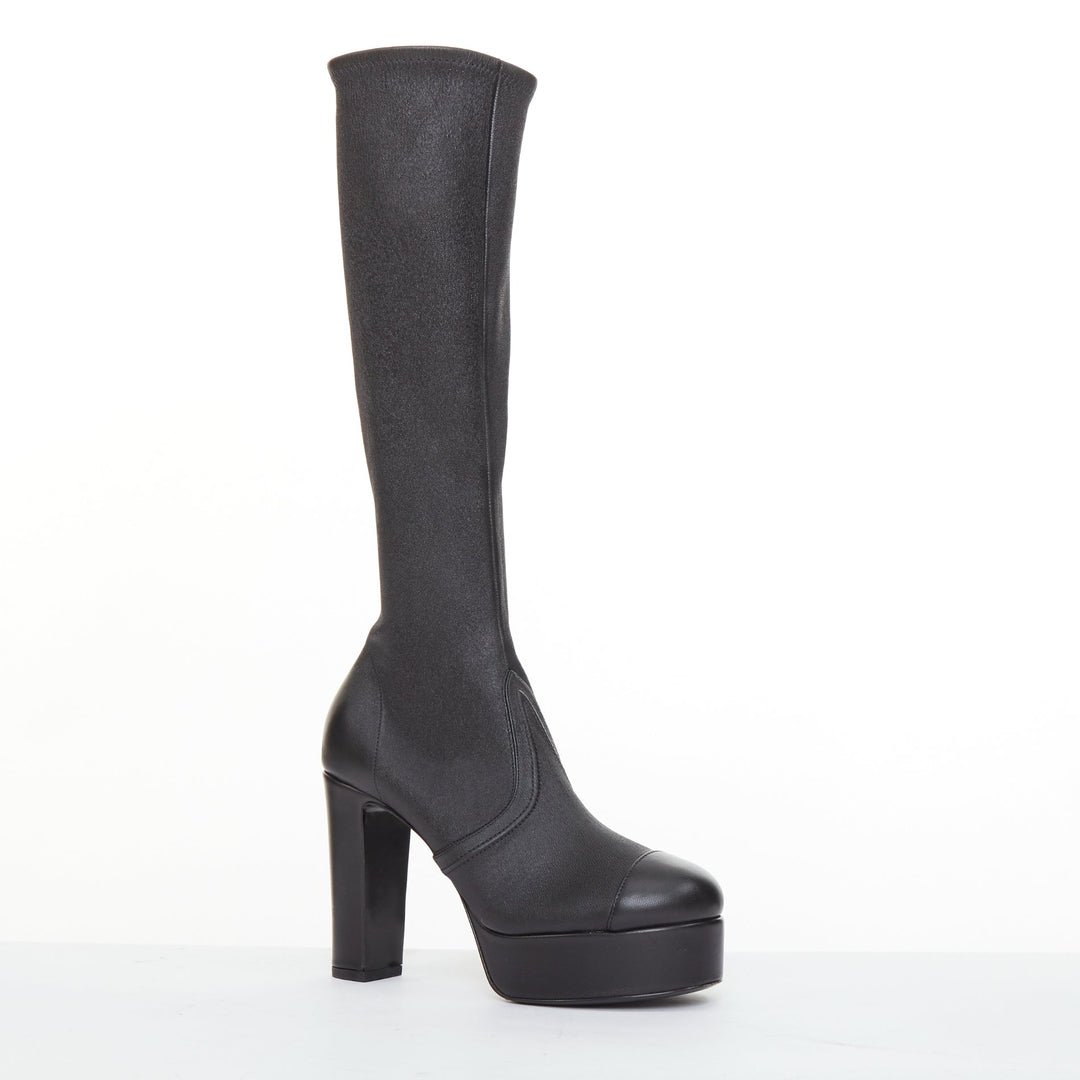 CHANEL 2024 black stretch leather cap toe platform block knee high boots EU38.5C