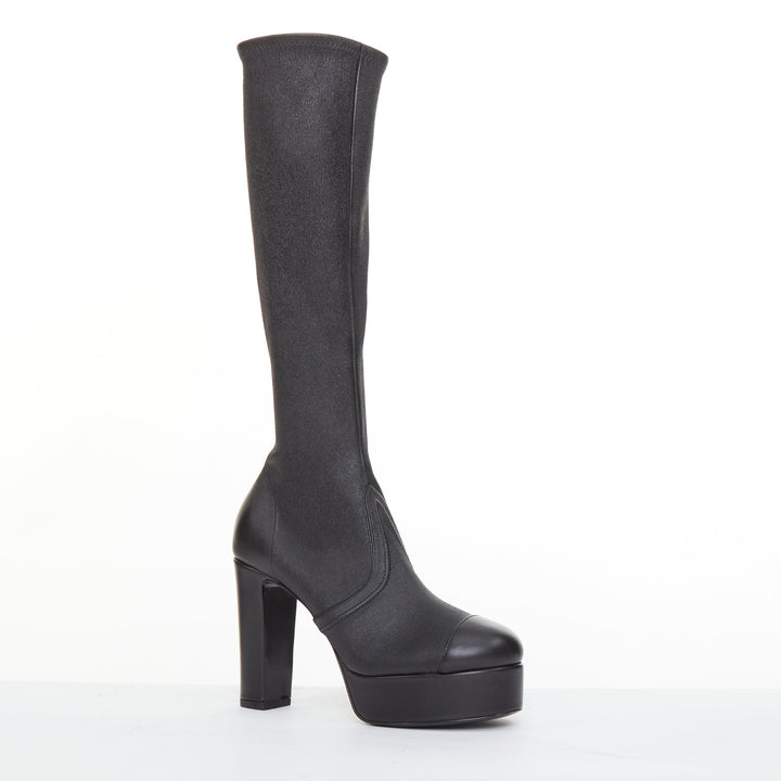 CHANEL 2024 black stretch leather cap toe platform block knee high boots EU38.5C