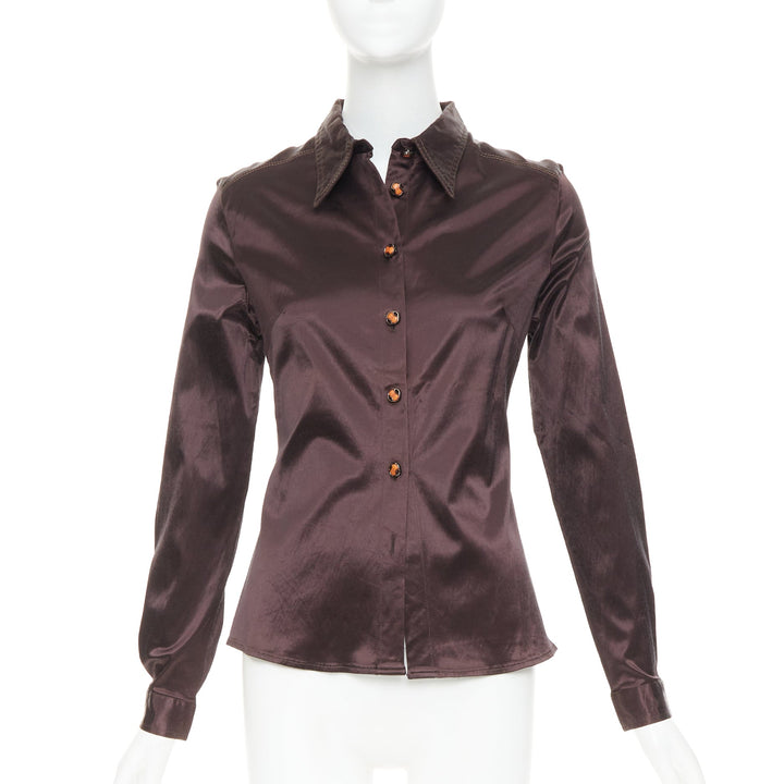 FENDI JEANS Vintage chocolate brown satin FF logo buttons fitted dress shirt
