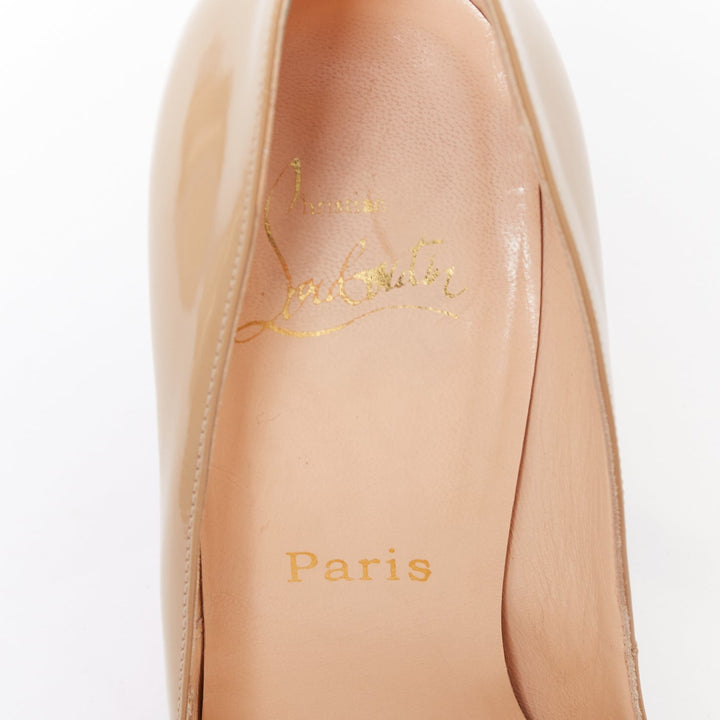 CHRISTIAN LOUBOUTIN taupe nude patent leather stiletto almond pumps EU38