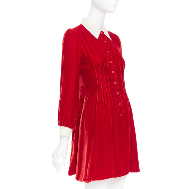 DIOR 2017 Runway red crushed velvet cream lace trim pleated dress FR34 XS